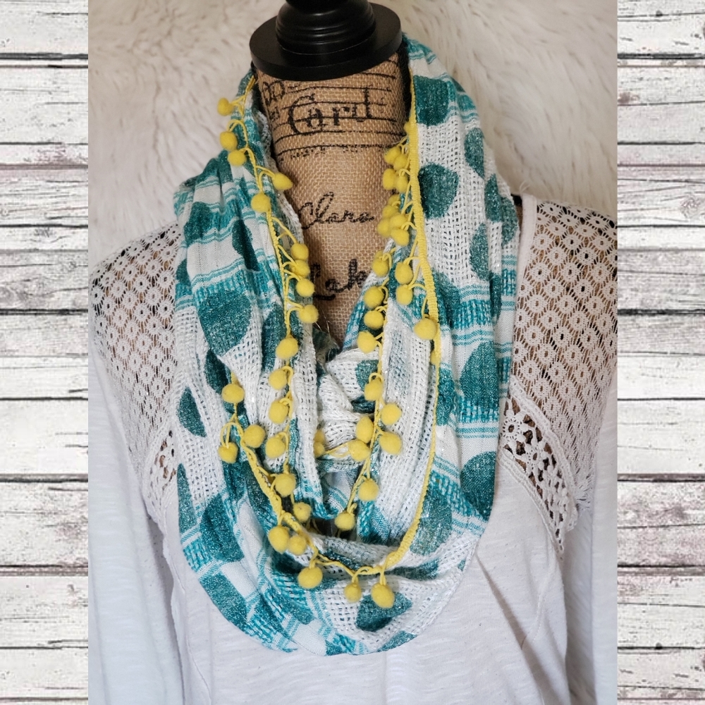 Turquoise & Yellow PomPom Infinity Scarf!